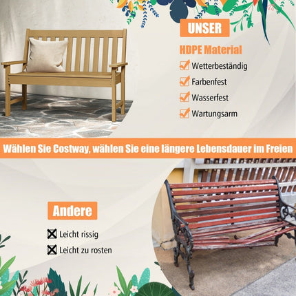 Venkovní zahradní lavice HDPE, odolná vůči počasí, pro 2-3 osoby, hnědá
