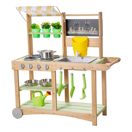 Outdoor Kids Mud Kitchen, Fir Wood Sink, Canopy, Wheels
