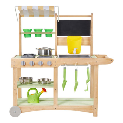 Outdoor Kids Mud Kitchen, Fir Wood Sink, Canopy, Wheels