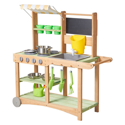 Outdoor Kids Mud Kitchen, Fir Wood Sink, Canopy, Wheels