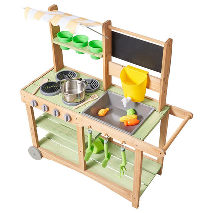 Outdoor Kids Mud Kitchen, Fir Wood Sink, Canopy, Wheels