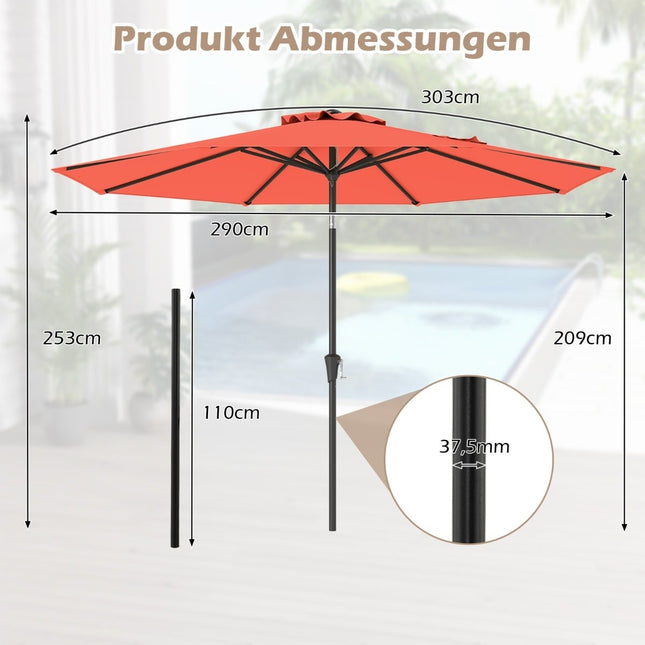 Outdoor Patio Umbrella, 300cm, Tilt & Crank, Orange