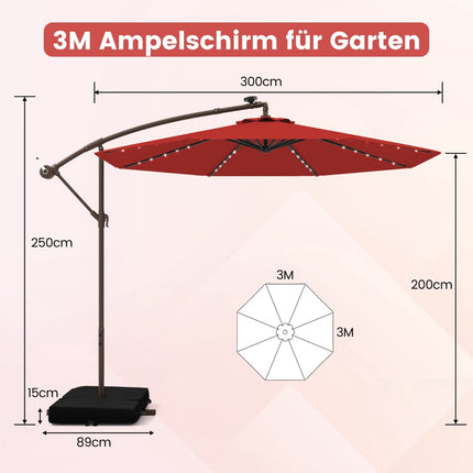 Venkovní zahradní slunečník se solárními LED světly, 3m, červený