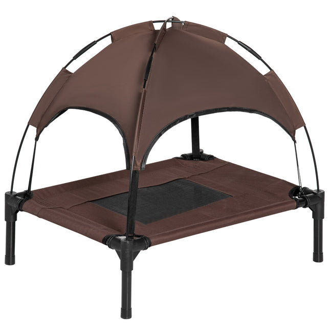 Elevated outdoor dog bed with canopy, breathable fabric, coffee