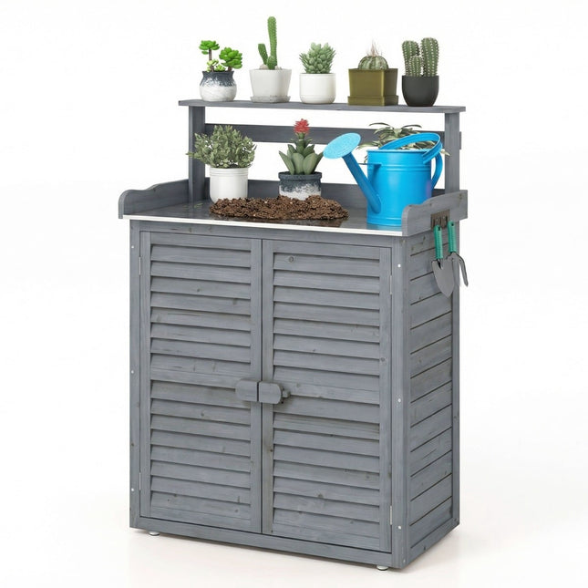 Tuinbank voor buiten met zinken blad en opbergplanken