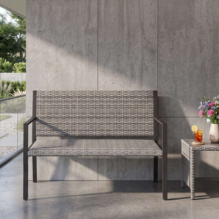 Outdoor Rattan Garden Bench, Grey – 2-Seater with Armrests