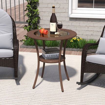 Outdoor Round Bistro Table – Tempered Glass Top, Storage Shelf