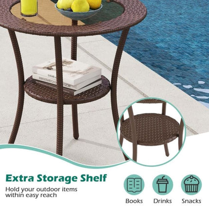 Outdoor Round Bistro Table – Tempered Glass Top, Storage Shelf