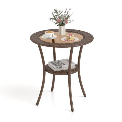 Outdoor Round Bistro Table – Tempered Glass Top, Storage Shelf