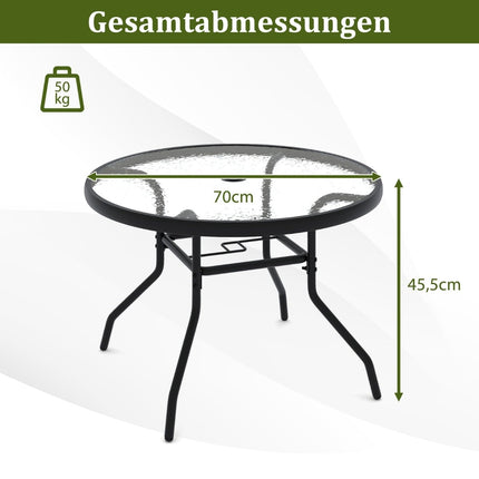 Zahradní kulatý skleněný stůl s otvorem pro slunečník, 70 cm