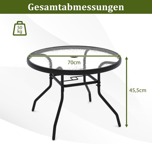 Zahradní kulatý skleněný stůl s otvorem pro slunečník, 70 cm