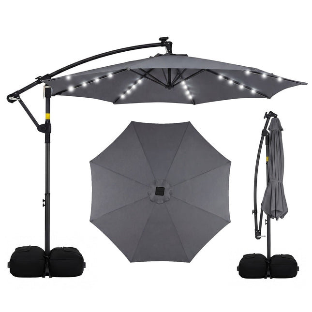 Zahradní solární LED slunečník, otočný o 360, šedá, 300x240 cm