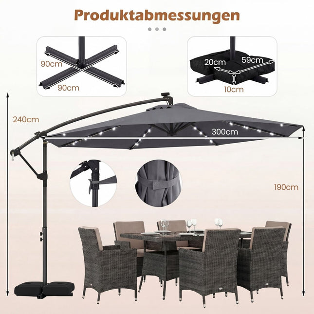 Zahradní solární LED slunečník, otočný o 360, šedá, 300x240 cm