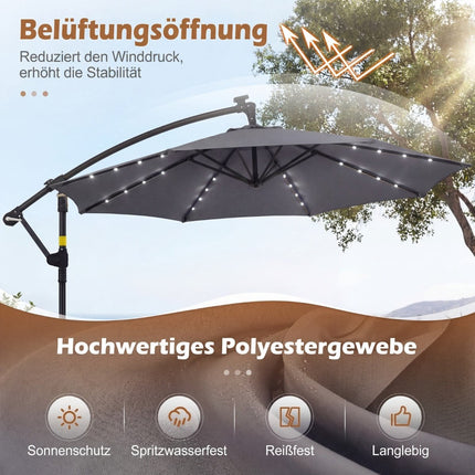 Zahradní solární LED slunečník, otočný o 360, šedá, 300x240 cm