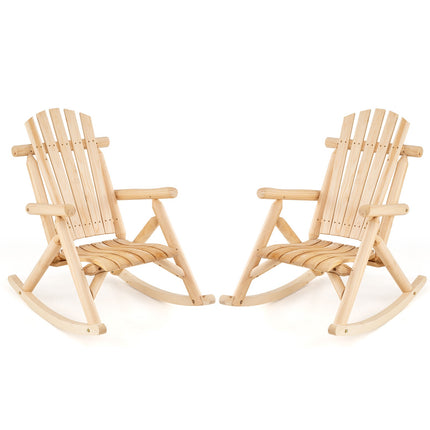 Outdoor Solid Wood Rocking Chair with High Backrest, Slatted Base, Natural