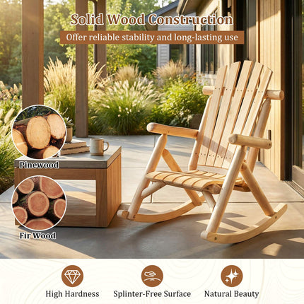 Outdoor Solid Wood Rocking Chair with High Backrest, Slatted Base, Natural