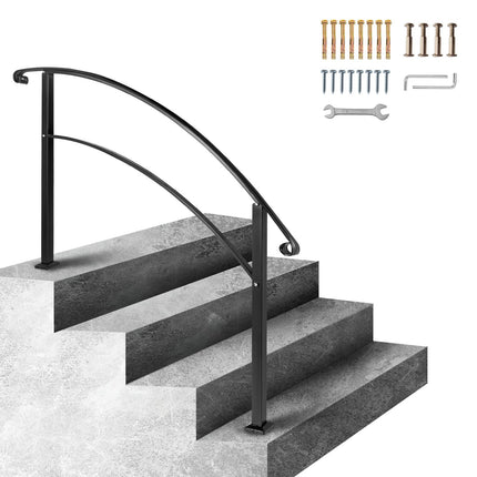 Outdoor Stair Handrail, 4-Step Wrought Iron, Black