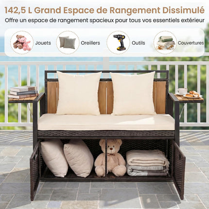 Outdoor Storage Bench, 2-Seater PE Rattan, 142.5L