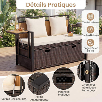 Outdoor Storage Bench, 2-Seater PE Rattan, 142.5L