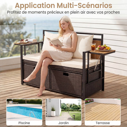 Outdoor Storage Bench, 2-Seater PE Rattan, 142.5L