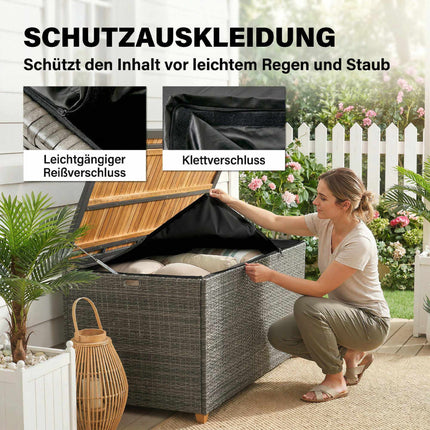 Outdoor Storage Box 450L, Waterproof Rattan, Wood Lid