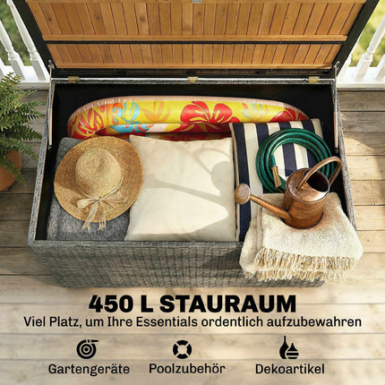 Outdoor Storage Box 450L, Waterproof Rattan, Wood Lid