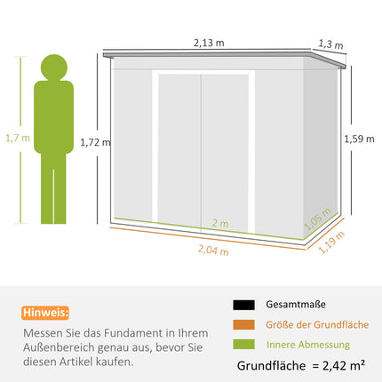 Outdoor Storage Shed, Vent Windows, Sliding Doors, Steel, 213x130x172 cm