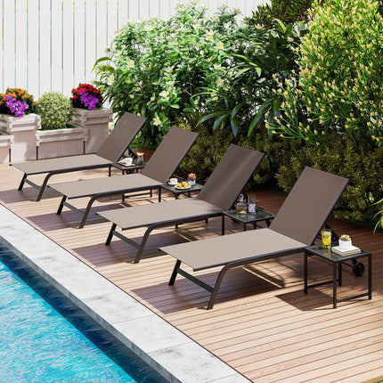Outdoor Sun Lounger with Wheels & Side Table, Brown