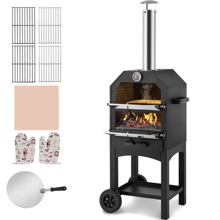Outdoor Wood-Fired Pizza Oven, 12-Inch, 2-Layer, Wheels