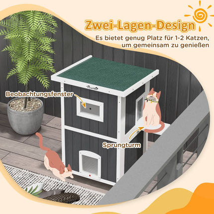 Kočičí domek dřevěný venkovní, 2patrový s balkonem a dvířky