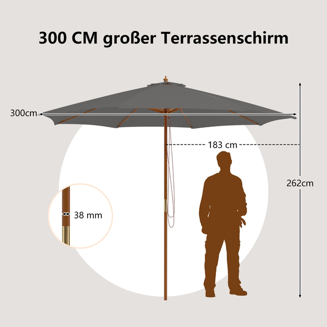 Zahradní dřevěný slunečník, 300 cm, nastavitelná výška