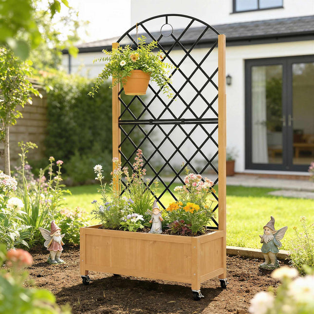 Outdoor Wooden Planter Box with Wheels and Trellis