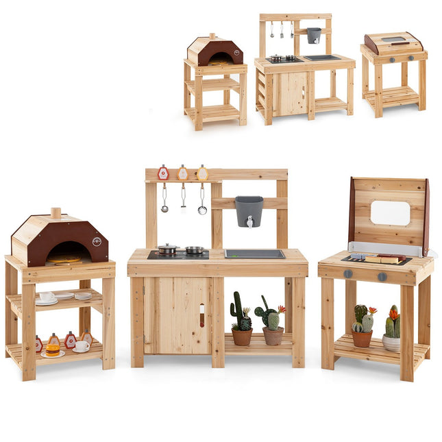 Outdoor Wooden Play Kitchen Set – Mud Kitchen, Grill, Pizza Oven
