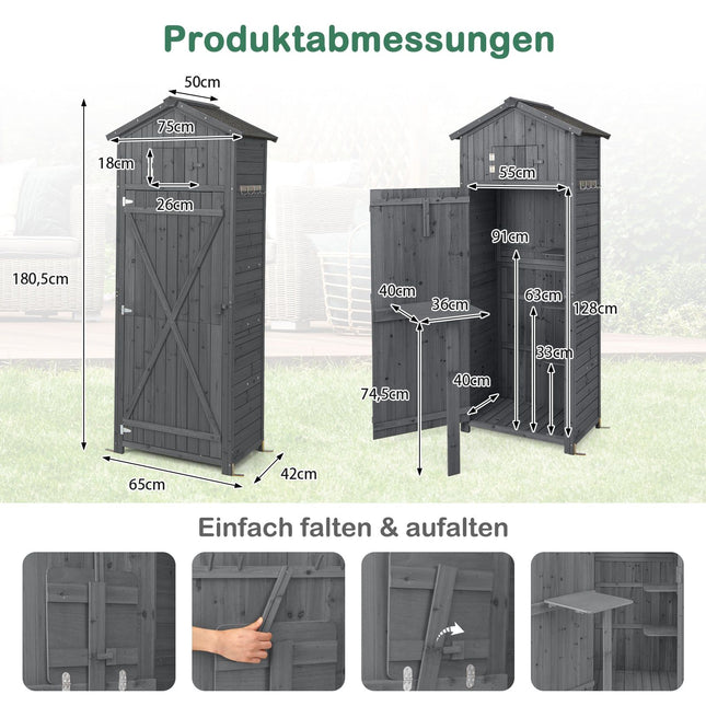 Outdoor Wooden Storage Shed, Lockable, Foldable Table, 180.5 cm