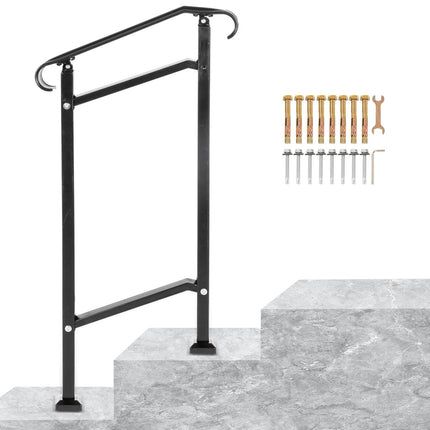 Outdoor Wrought Iron Stair Handrail, 1-Step, Black, Install Kit