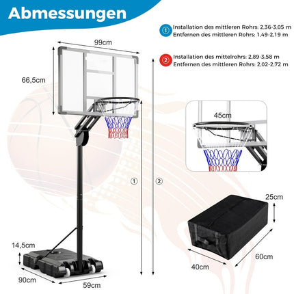 Venkovní basketbalový koš 135/143-305 cm, výškově nastavitelný stojan se 2 kolečky