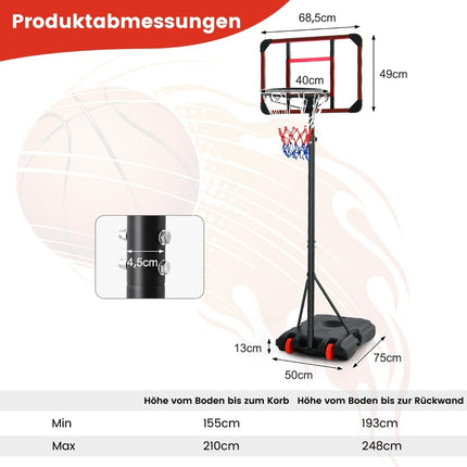 Venkovní basketbalový koš se stojanem 155-210cm, výškově nastavitelný stojan, černá