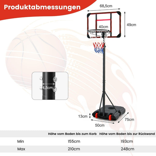 Venkovní basketbalový koš se stojanem 155-210cm, výškově nastavitelný stojan, černá