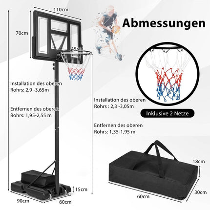 Venkovní basketbalový koš se stojanem a sítěmi 135-305 cm, výškově nastavitelný stojan