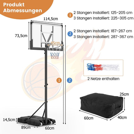 Venkovní basketbalový koš se stojanem, zátěžovým vakem a 2 sítěmi, basketbalový stojan