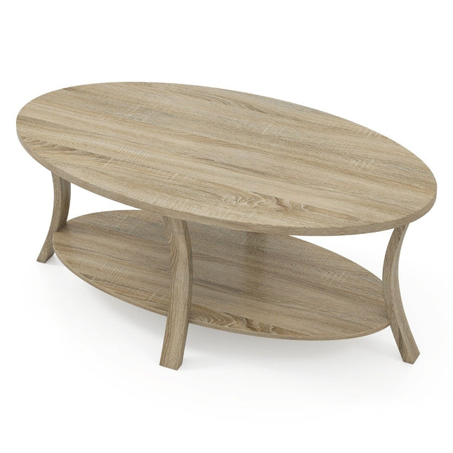 Ovale salontafel met plank, 2-laags ontwerp van rubberhout