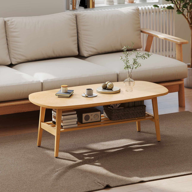 Ovale salontafel met plank, naturel hout, 120x60x42 cm