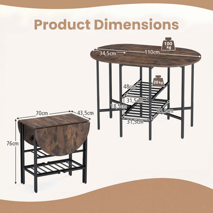 Oval Folding Dining Table with Shelves, Metal Frame, Brown