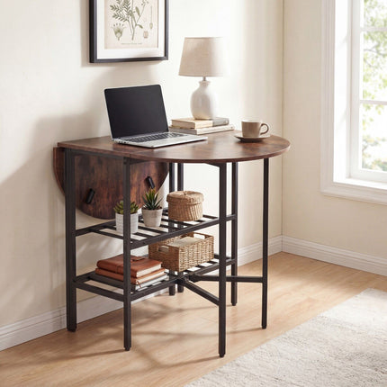 Oval Folding Dining Table with Shelves, Metal Frame, Brown
