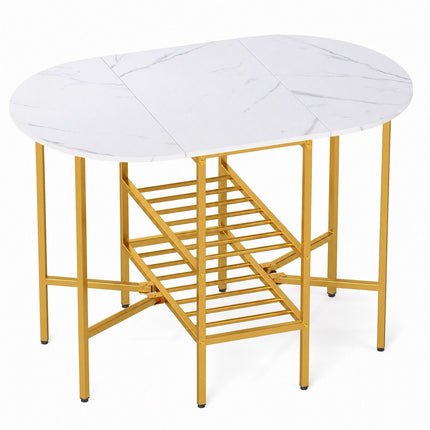 Oval Folding Table with Shelves, Metal Frame, White