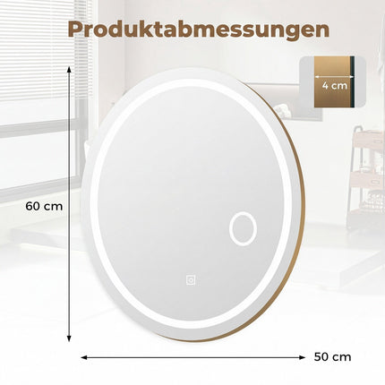 Oval LED Bathroom Mirror, Dimmable, 60x50 cm, 3 Light Colors