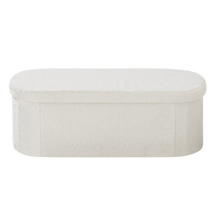 Oval Storage Ottoman Bench – Foldable Teddy Fleece, Beige, 660 lb