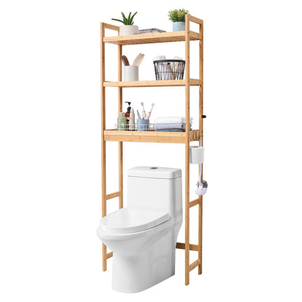 Over-The-Toilet Bamboo Storage Rack, 3-Tier Adjustable, Hooks