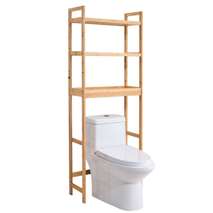 Over-The-Toilet Bamboo Storage Rack, 3-Tier Adjustable, Hooks