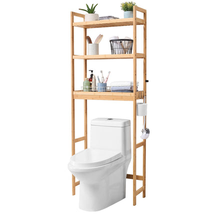 Over-The-Toilet Bamboo Storage Rack, 3-Tier Adjustable, Hooks